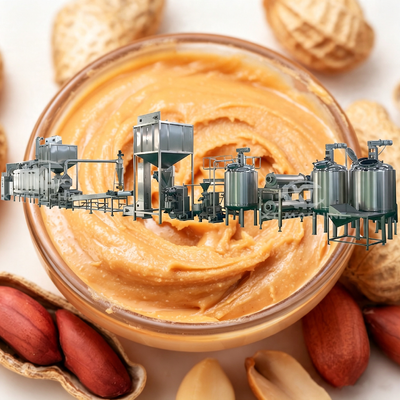 Un buen precio. Línea de producción de mantequilla de maní totalmente automática premium, solución integral de pasta de frutos secos | Equipo de procesamiento integrado de deschinadora, tostado, blanqueado, clasificación, molienda, mezcla, desgasificación y enfriamiento en línea